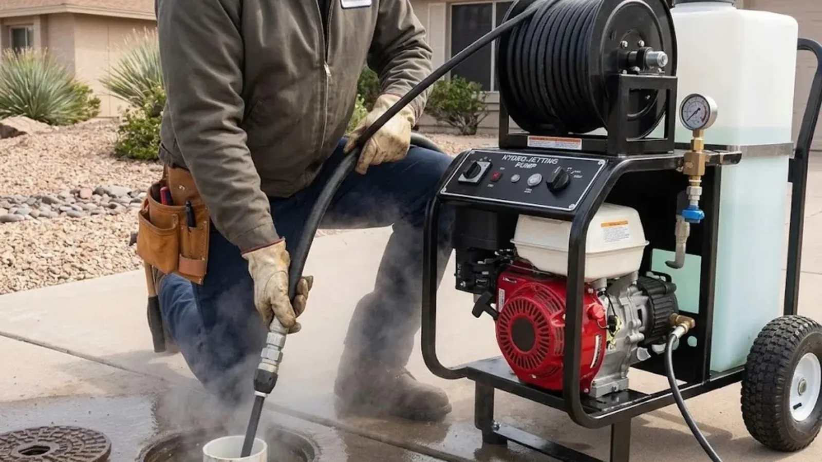 Plumber guiding a pressure jetting hose from a portable jetter at a cleanout