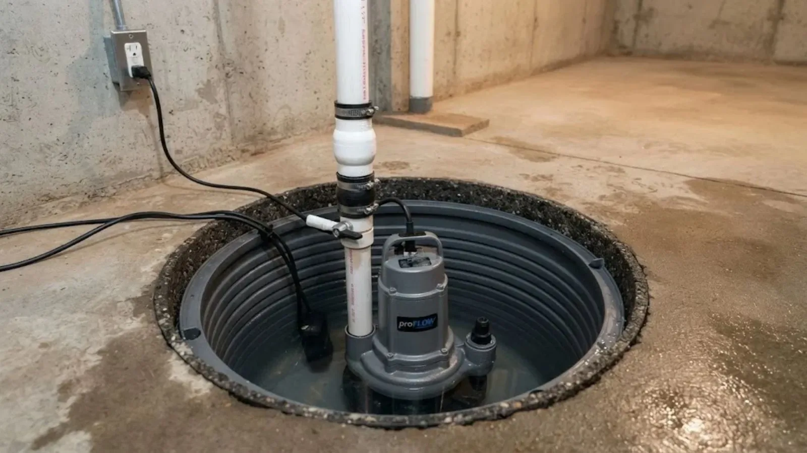 Sump pump with a white discharge pipe sitting in a basin in a basement floor