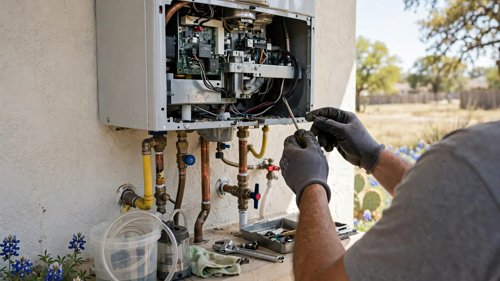 Technician adjusting gas and water fittings on a wall-mounted tankless water heater