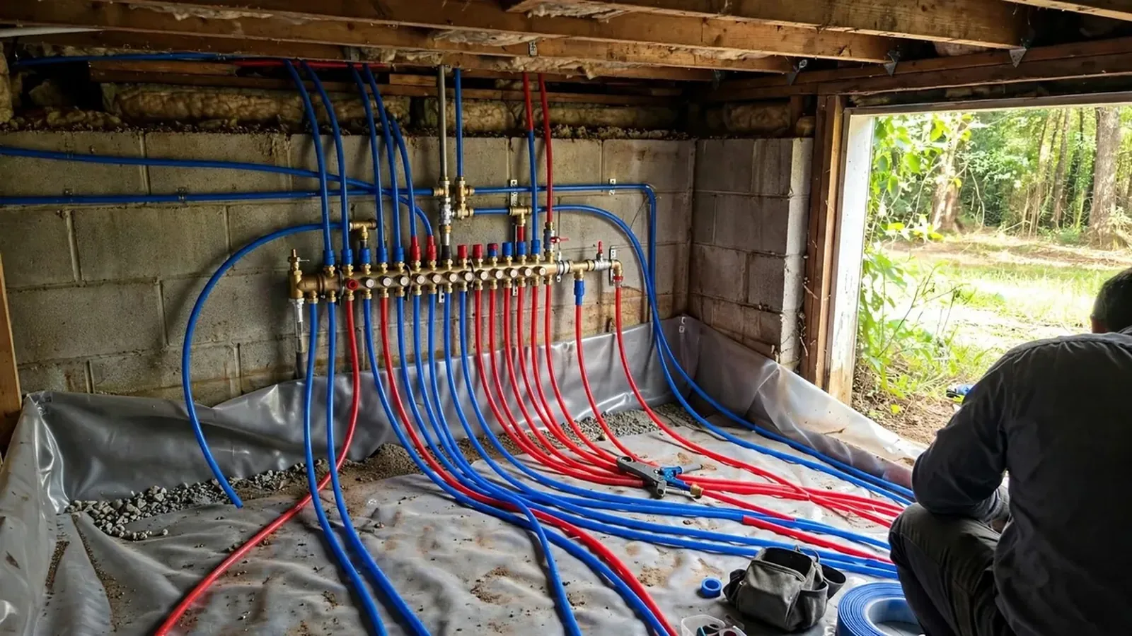 Red and blue PEX supply lines and a manifold run through an open basement ceiling