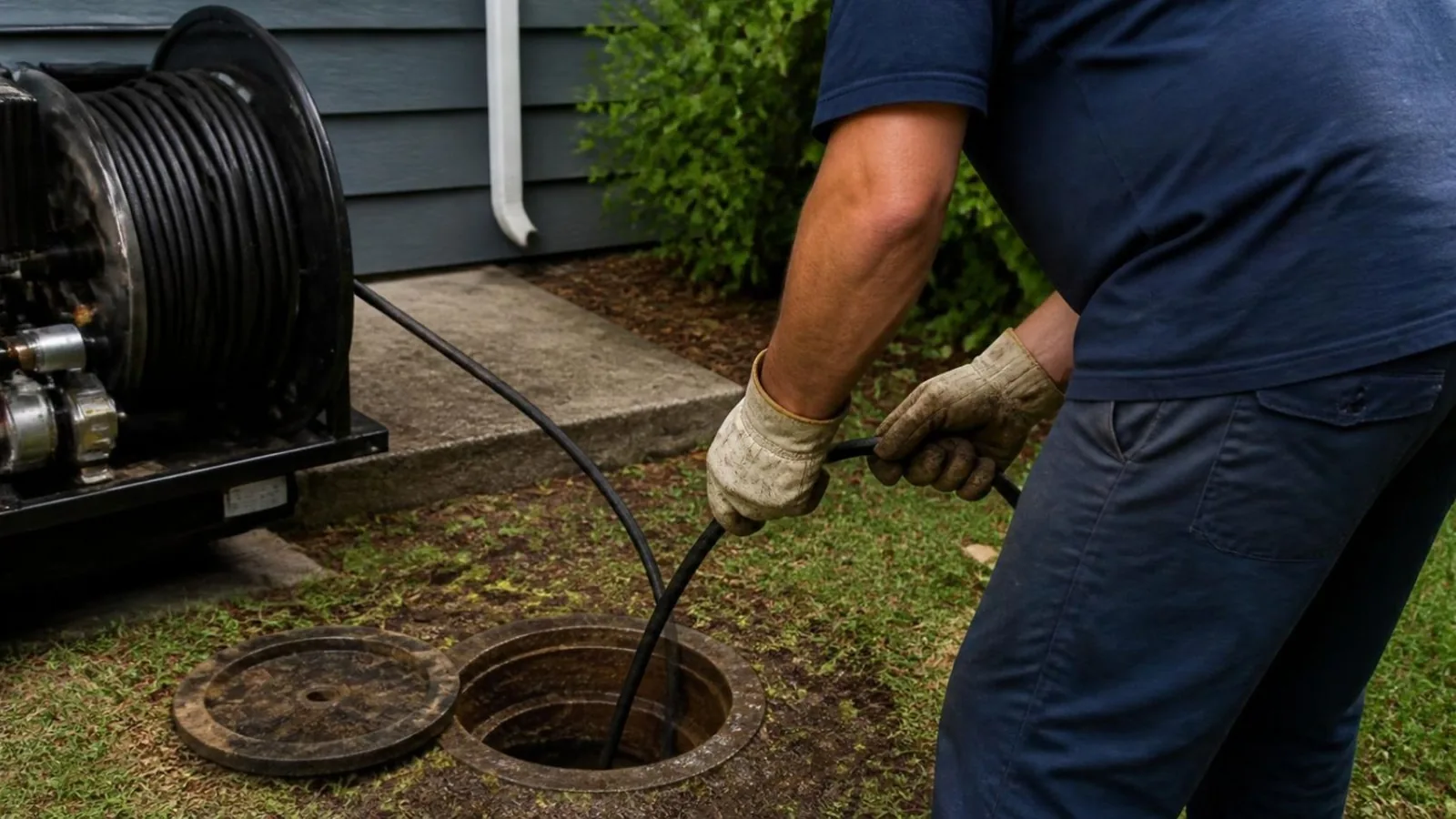Plumber feeding a drain machine cable into a sewer cleanout beside a house