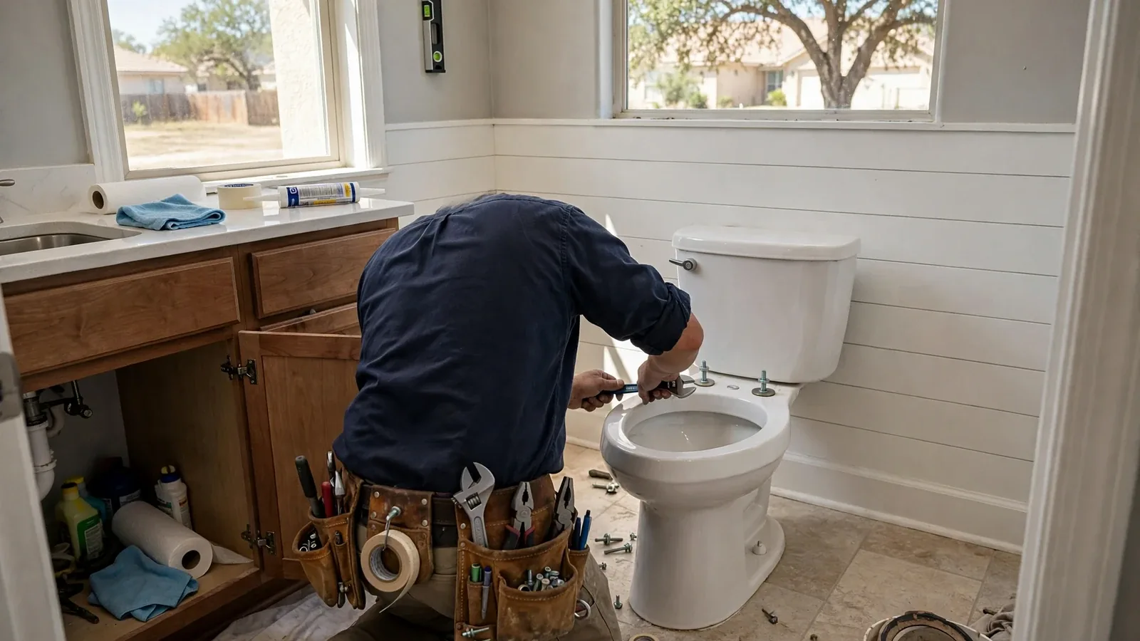 Plumber kneeling beside a toilet making a repair in a residential bathroom