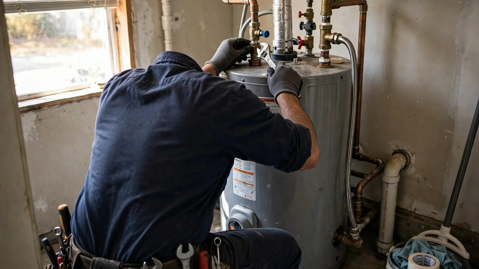 Plumber in a dark uniform working on a gas tank water heater in a basement