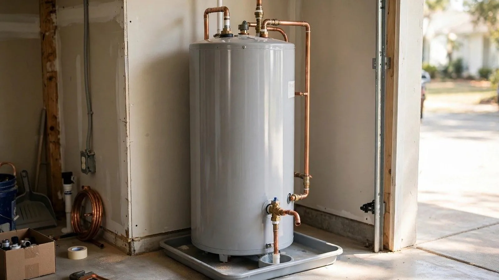 Gray tank water heater with copper supply lines on a pan in a garage utility area