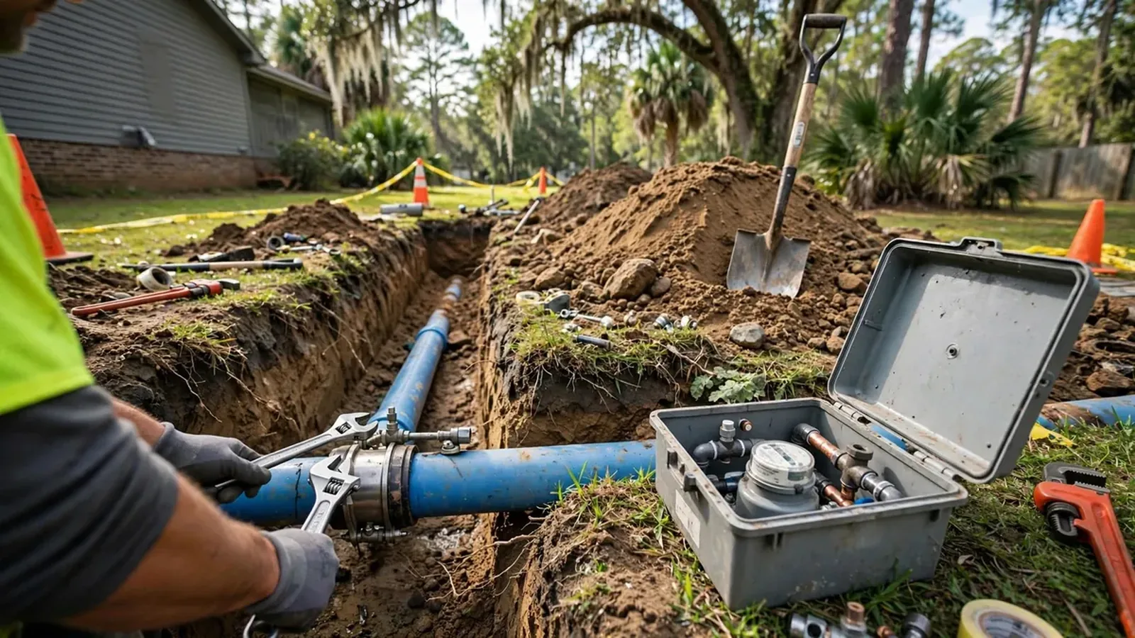 Trench with a new blue water service line running to a meter box in a yard