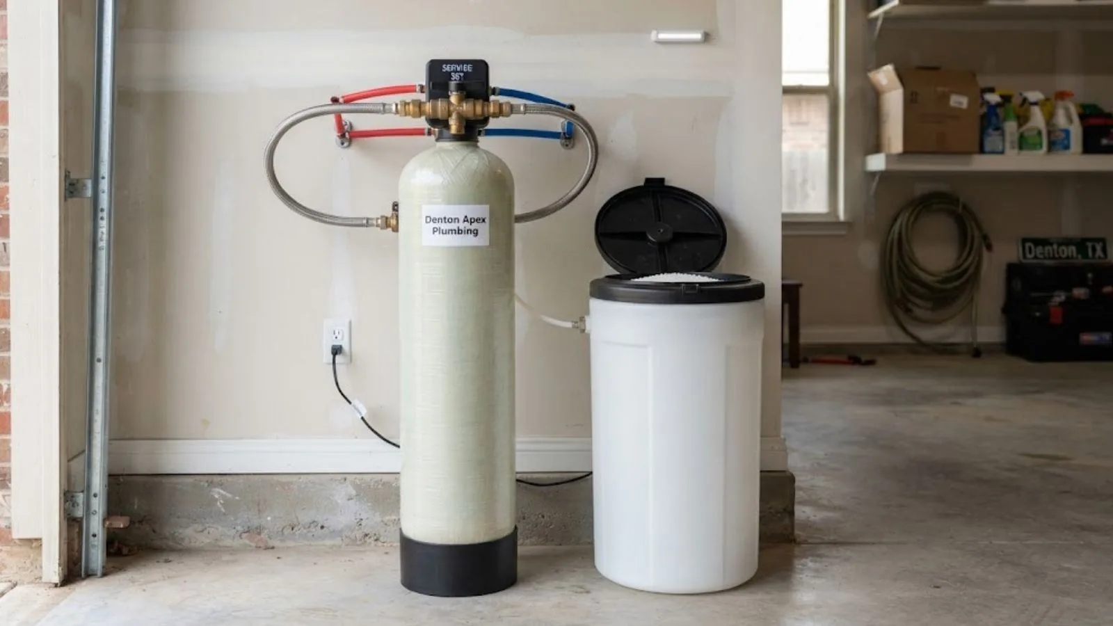 Water softener tank and brine tank standing against a garage wall with copper plumbing